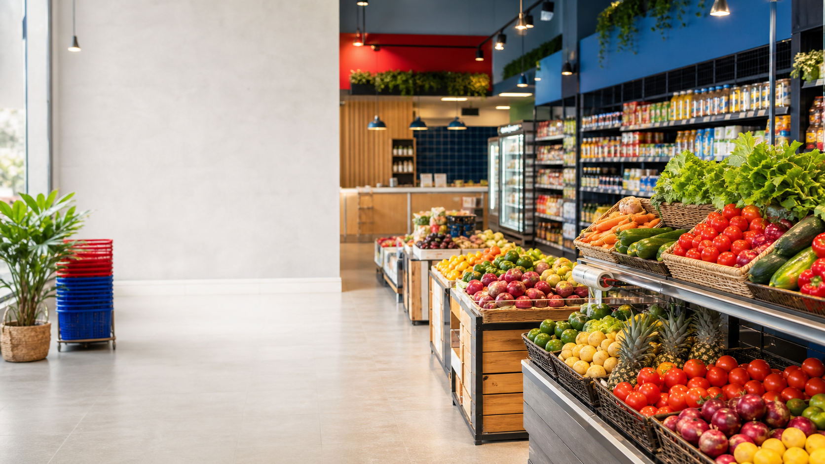 Hortifruti e corredores de supermercado iluminados